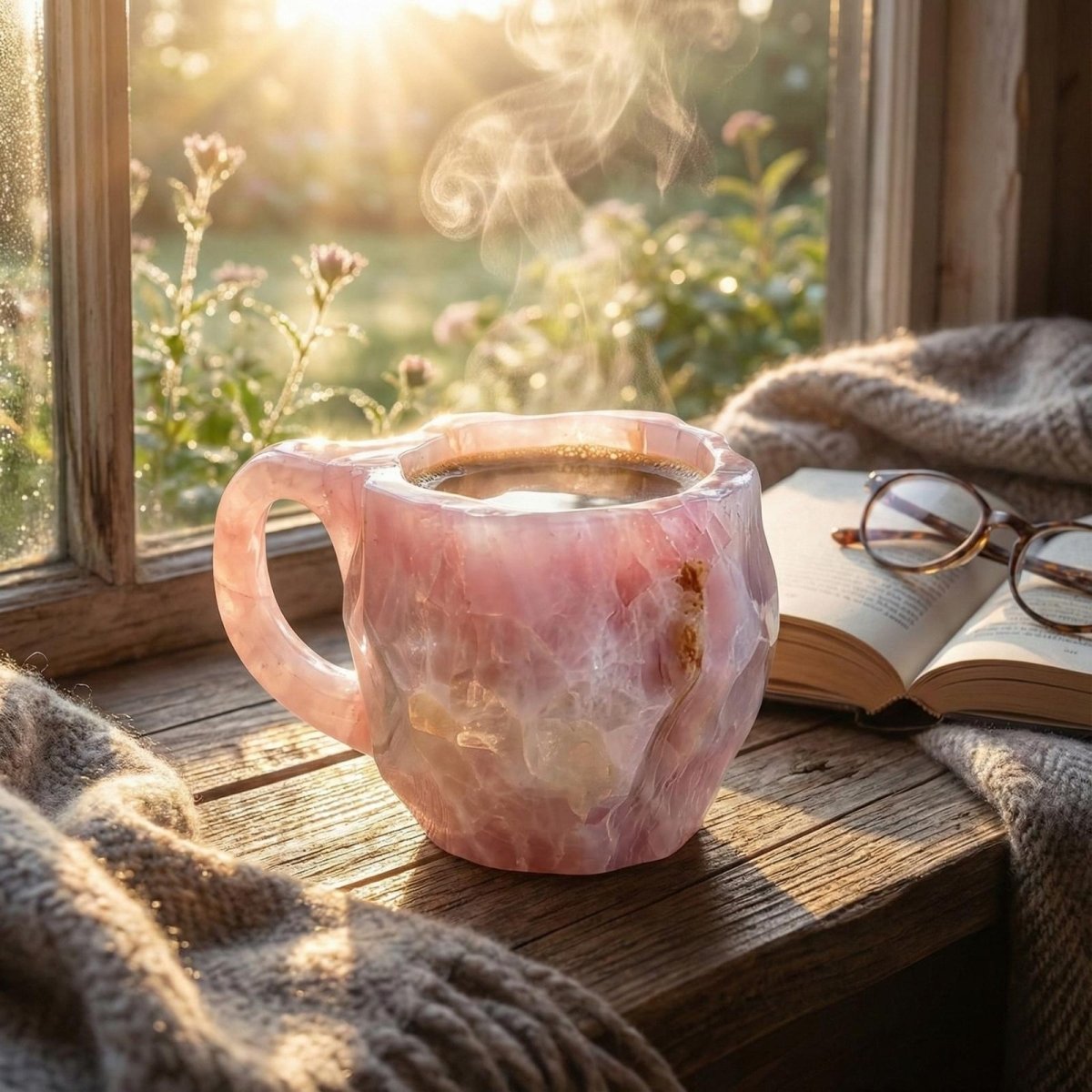 A pink rose quartz coffee mug on a rustic wooden windowsill next to an open book and glasses, with a sunlit garden in the background.