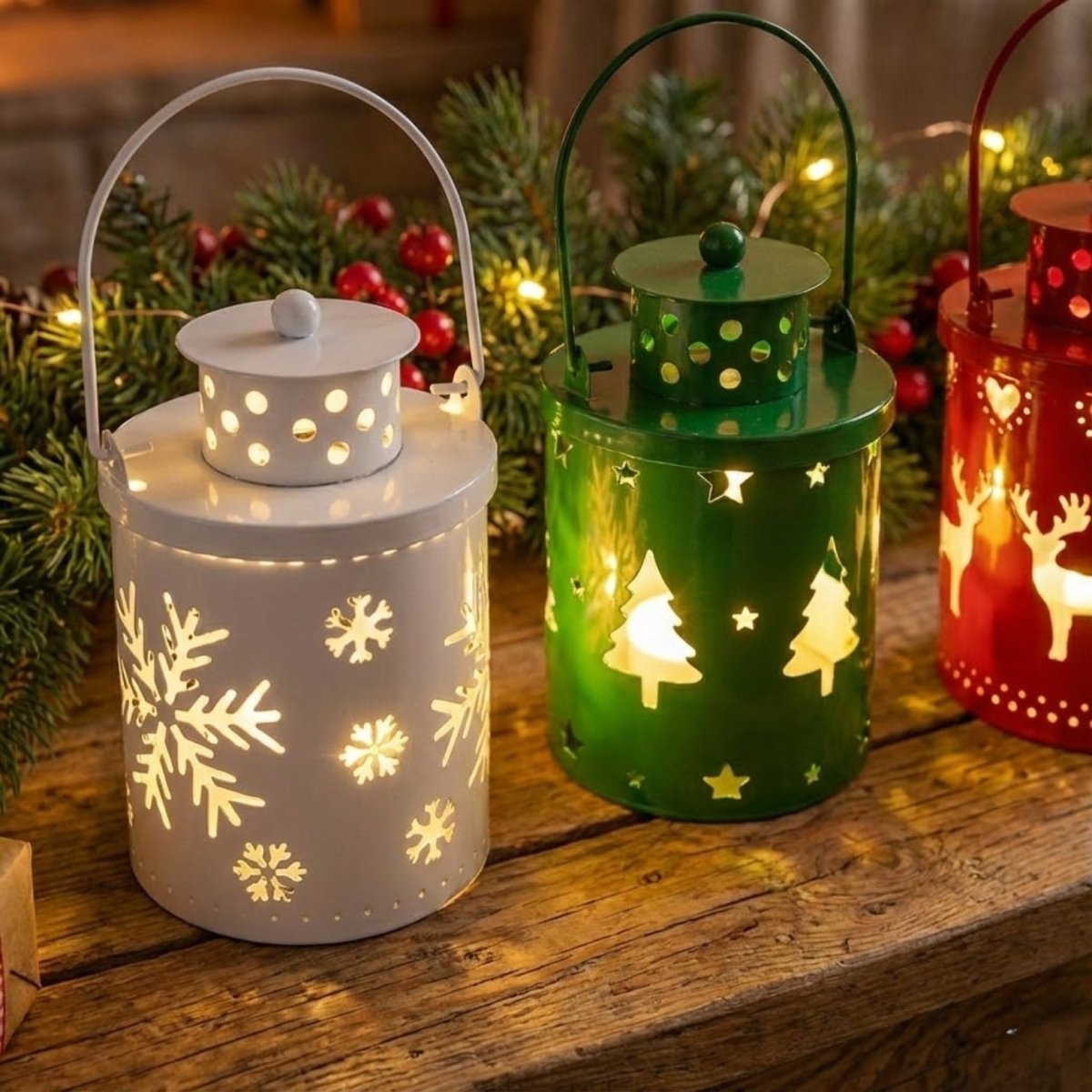 Close-up angle of red, green, and white metal lanterns with lit candles inside, showing detailed snowflake, tree, and reindeer cutouts.