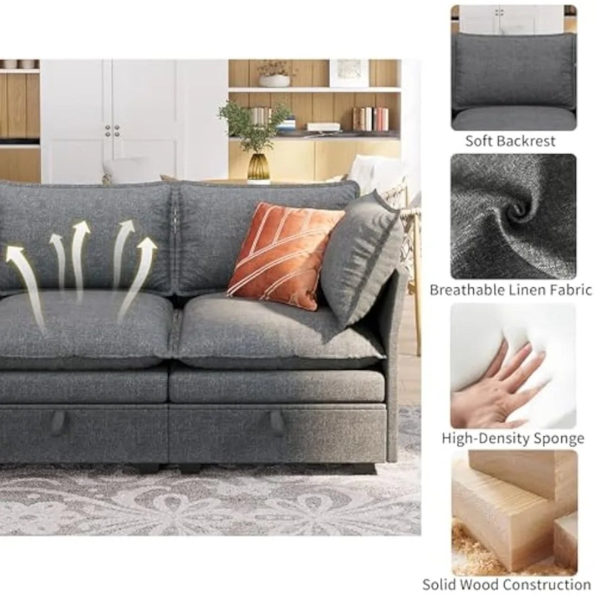 Kouvr Dark Grey sofa with breathable linen fabric, soft backrest, and high-density sponge in a living room setting.