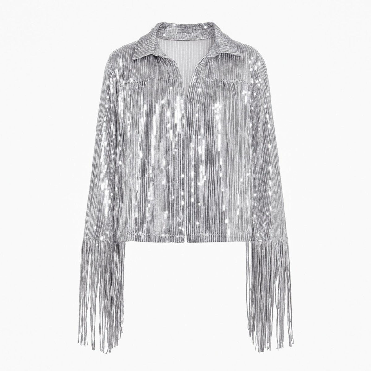 Kouvr Stardust silver sequin fringe jacket for women | Western tinsel jacket for bachelorette and concert outfits