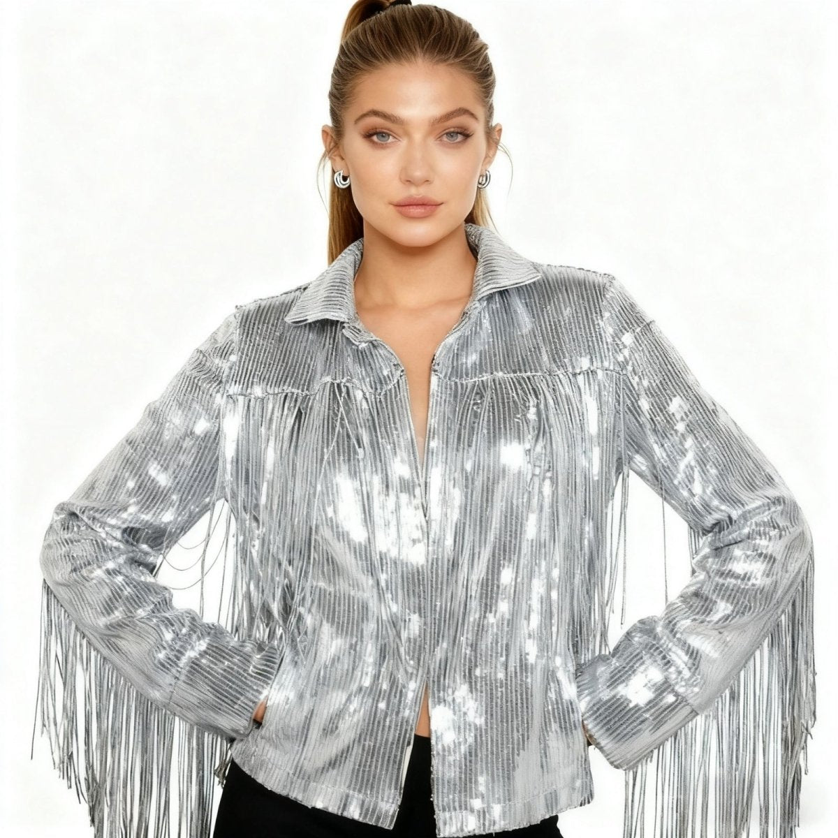 Kouvr Stardust silver sequin fringe jacket for women | Western tinsel jacket for bachelorette and concert outfits