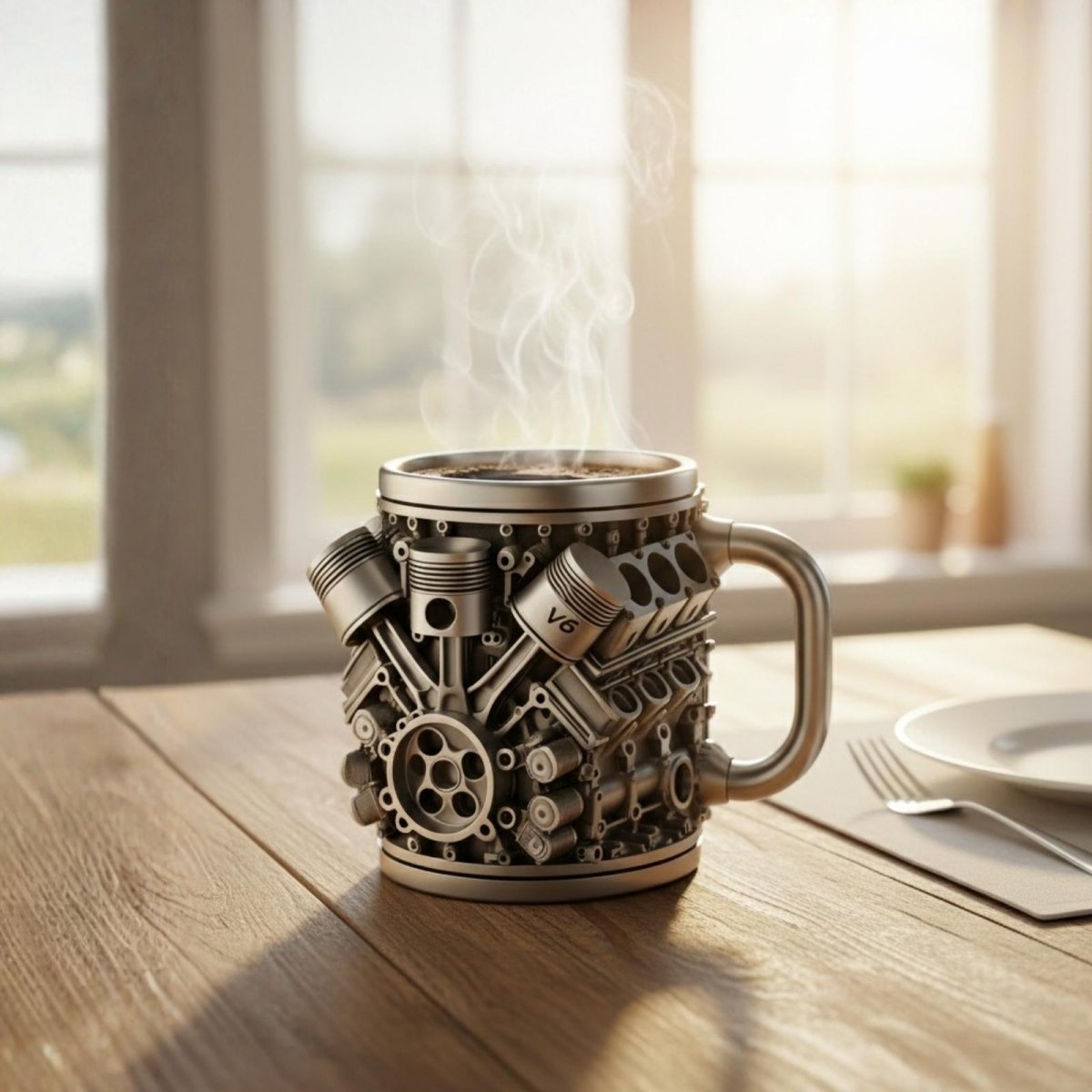 A studio shot of the Kouvr V6 engine mug on a breakfast table, showing the fine details of the engine block