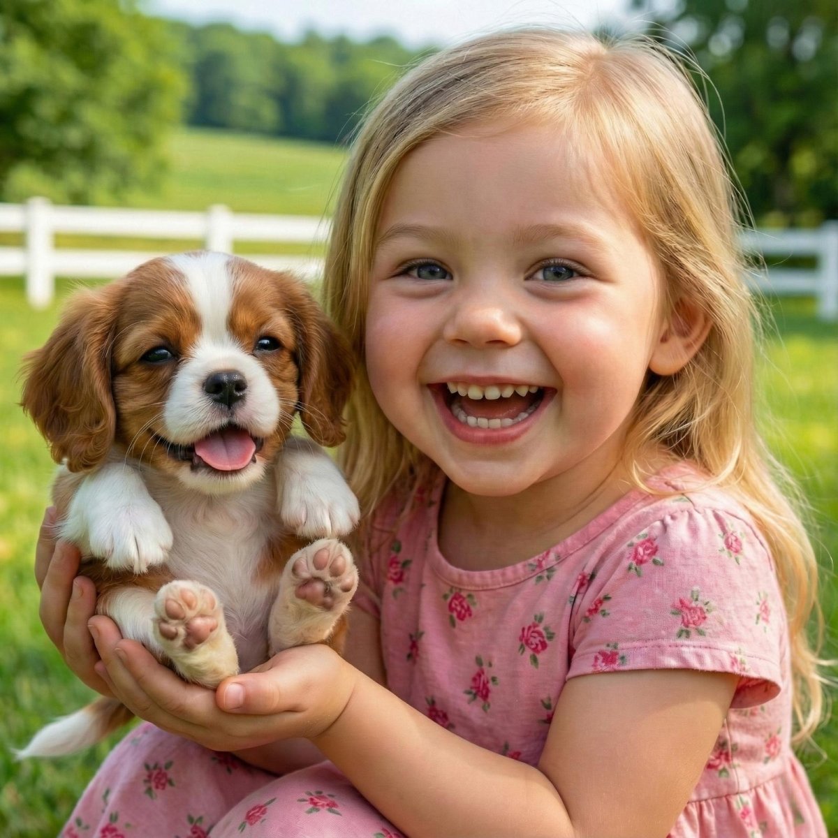 A smiling toddler girl holding a soft, interactive Cavalier King Charles Spaniel robot puppy, highlighting it as a perfect gift for children.