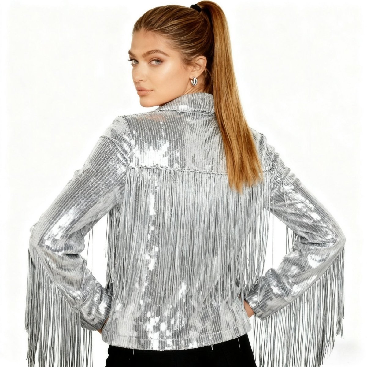 Kouvr Stardust silver sequin fringe jacket for women | Western tinsel jacket for bachelorette and concert outfits
