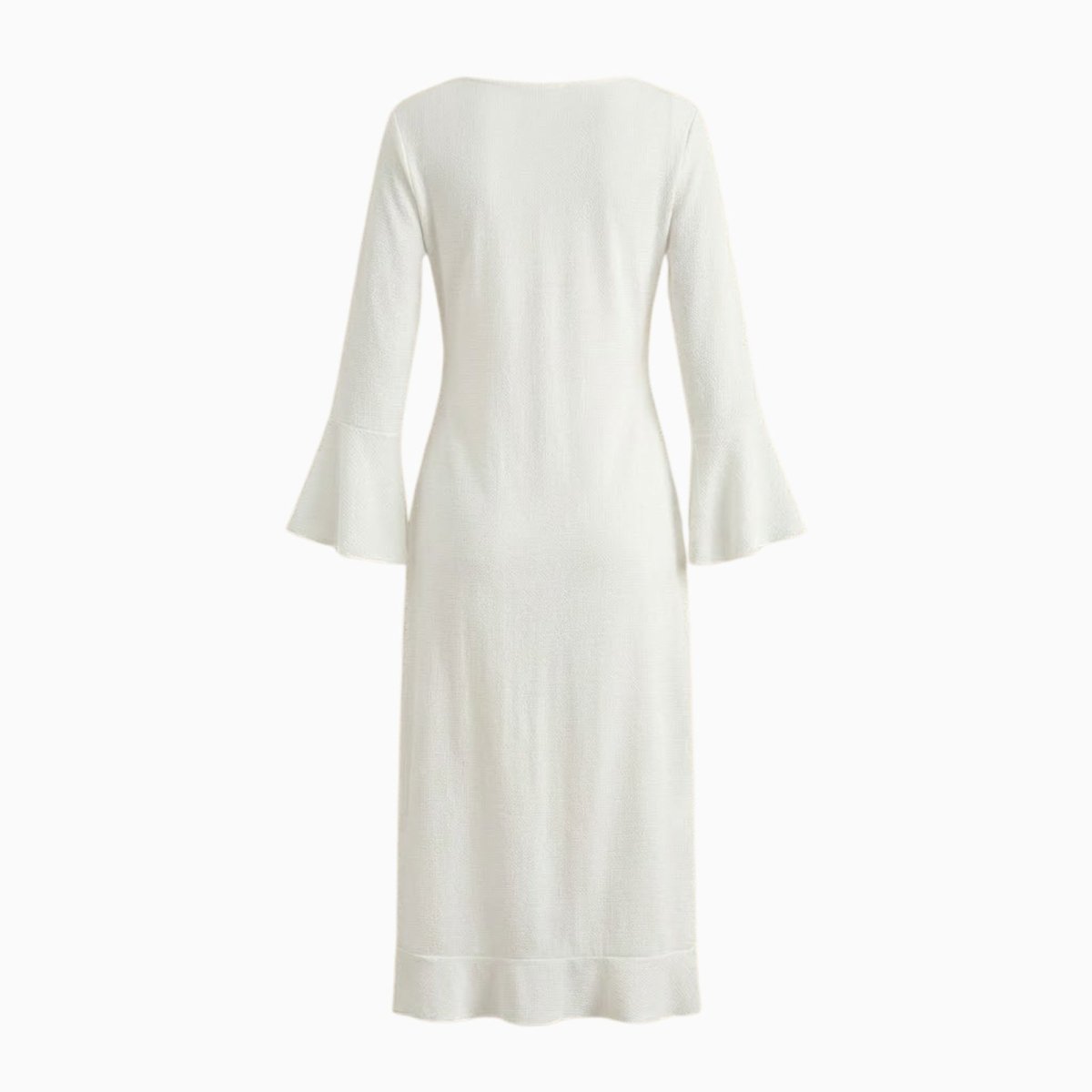 Flatlay of the back of the white long sleeve maxi cover up with bell sleeves against a white background.