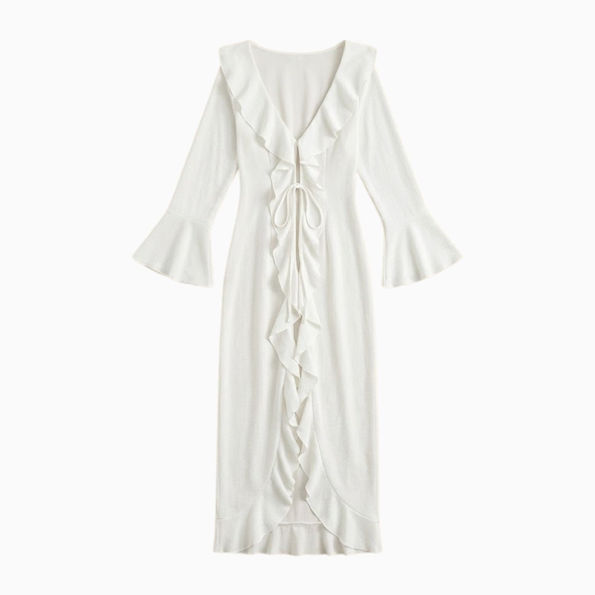 Flatlay of the white ruffle tie-front maxi cover up showing cascading ruffle details and textured fabric.