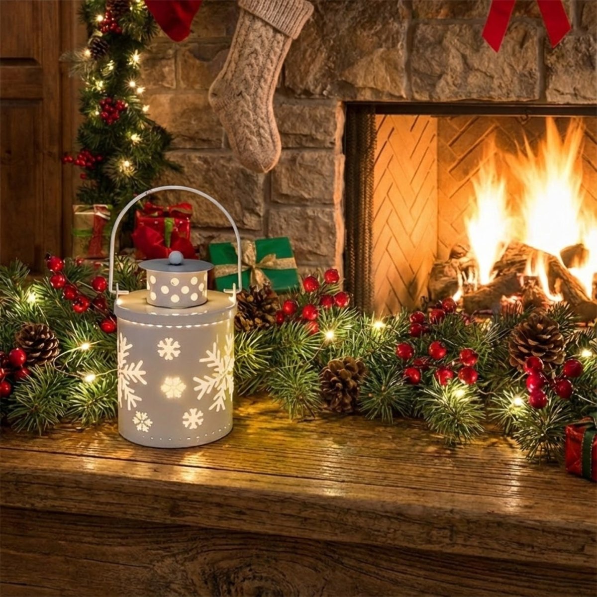 White metal cylinder lantern with cutout snowflake designs glowing warmly, sitting on a rustic wooden mantel surrounded by pine garland and red berries.