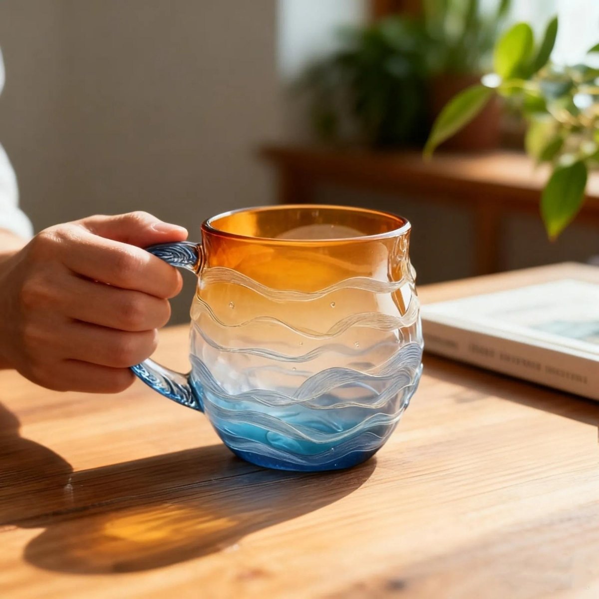 A person holding the Kouvr ocean sunset glass mug filled with coffee at a sunlit wooden table.