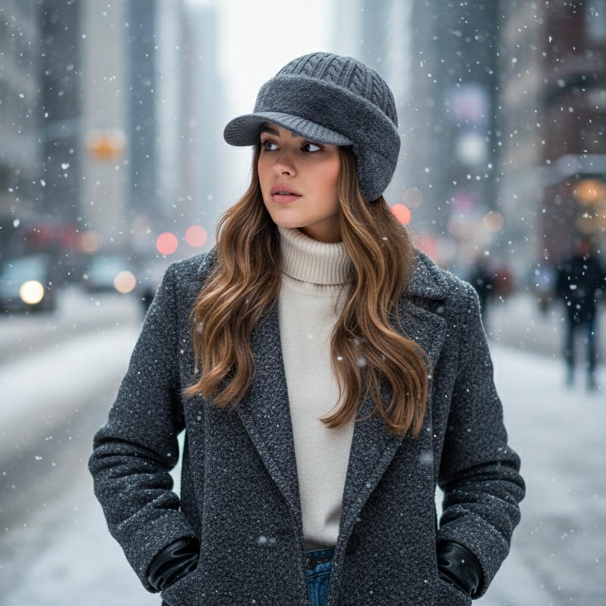 Woman with long brown hair wearing the Kouvr Aspen grey trapper hat with a wool coat and leather gloves in the snow.